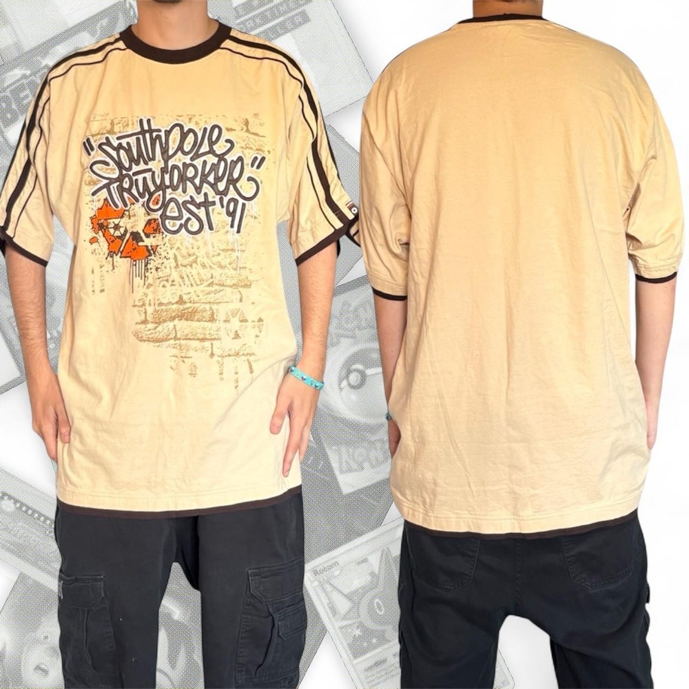 Vintage Y2K South Pole Tee Graffiti Embroidered Baggy Skater Brown Layered Strip